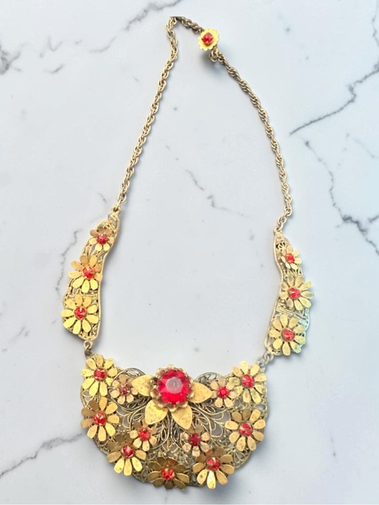 Antique Jewelry - Antique Victorian Red Czech Glass Floral Necklace